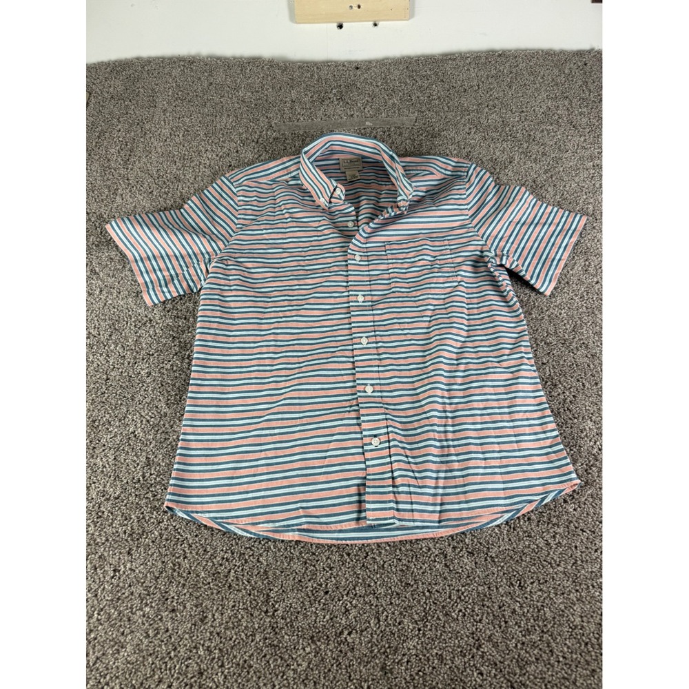 LL Bean Mens Slightly Fitted Short Sleeve‎ Button Down Striped Shirt Medium